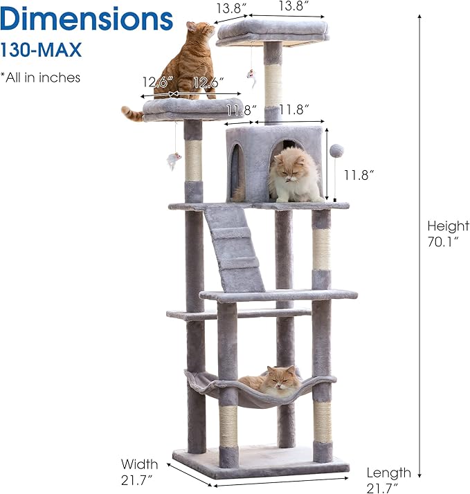 MWPO 70.1-Inch Large Cat Tree, Multi-Level Tall Cat Tower for Indoor Cats, Plush Cat Condo with Big Padded Perches, Sisal-Covered Scratching Posts, Hammock, Toys for Kittens & Cats - Light Grey-Mewly Pet