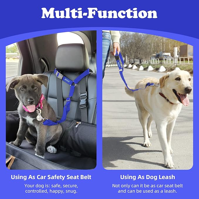 BWOGUE 2 Packs Dog Cat Safety Seat Belt Strap Car Headrest Restraint Adjustable Nylon Fabric Dog Restraints Vehicle Seatbelts Harness Dark Blue-Mewly Pet
