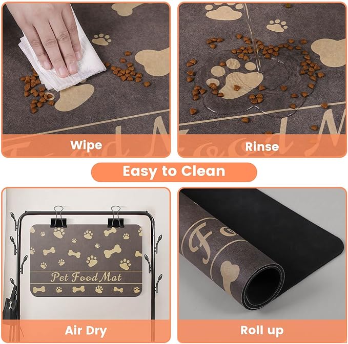 Pet Feeding Mat-Absorbent Pet Placemat for Food and Water Bowl, with Waterproof Rubber Backing, Quick Dry Water Dispenser Mat for Dog and Cat (17"x27", Brown)-Mewly Pet