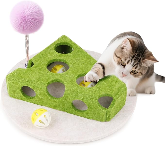Interactive Cat Puzzle Toy for Indoor Cats & Kittens - Fun Track Balls & Spring Teaser in Stimulating Felt Puzzle Box (Green) - Mental Enrichment Game-Mewly Pet