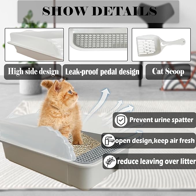 kathson Open Cat Litter Box with High Side,Anti-Splashing Cats Litter Pan,Kitten Toilet with Litter Sifting Scoop,Semi-Enclosed Removable Kittens Litter for Boxes Easy to Clean No Odor 11×17×7 inches-Mewly Pet