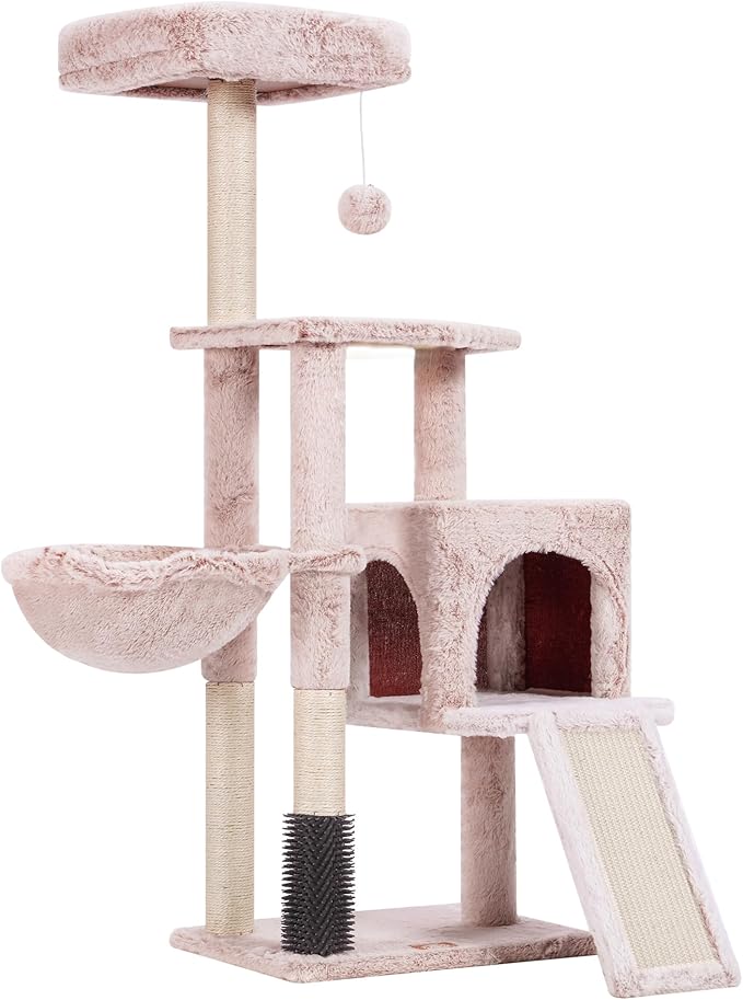 Heybly Cat Tree with Cat Self Groomer Brush, Cat Tower Condo for Indoor Cats with Padded Plush Perch, Cat House with Basket Scratching Board Post, Muchroom HCT005SMU-Mewly Pet