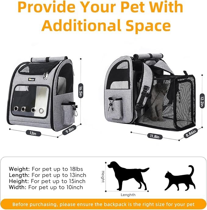 Hoopet Expandable Cat Backpack Carrier – Breathable Pet Carrier for Small Cats & Dogs, Foldable Travel Backpack with Mesh Ventilation for Hiking, Walking, Camping, Light Grey-Mewly Pet