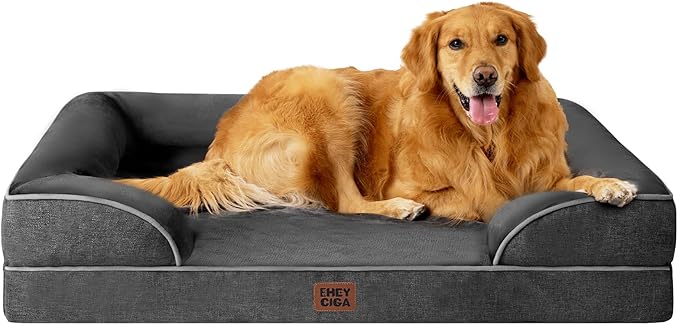 EHEYCIGA Orthopedic Dog Beds for Large Dogs, Waterproof Memory Foam Large Pet Bed with Sides, Non-Slip Bottom and Egg-Crate Foam Dog Couch Bed with Washable Removable Cover, Dark Grey-Mewly Pet