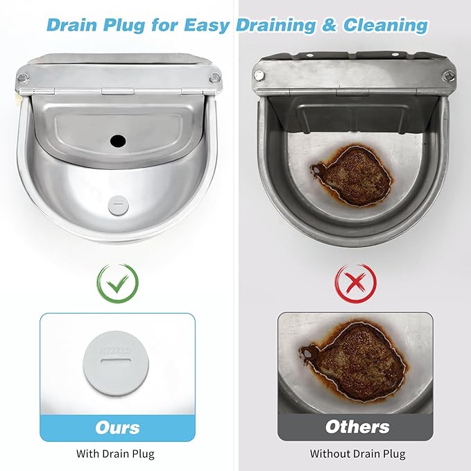 FHTONGE 304 Stainless Steel Automatic Water Dispenser with Drainage for Outdoor Big Dog, Large Auto Fill Dog Waterer Float Valves for Livestock Poultry Horse Cow Goat Pig Chicken Duck Rabbit Drinking-Mewly Pet