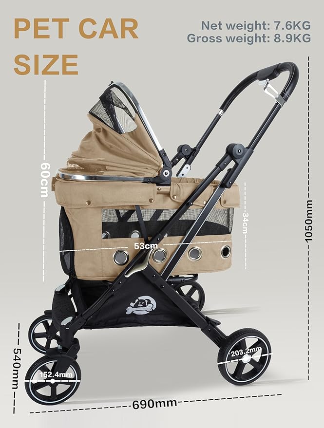 JK Pawadore 4 Wheels Pet Stroller Best Lightweight Foldable Portable Secure Easy Lock NO-Zip 180 ̊ Canopy Sun Shades Waterproof for Small/Medium Dogs 33lbs with Large Storage Basket (Khaki)-Mewly Pet