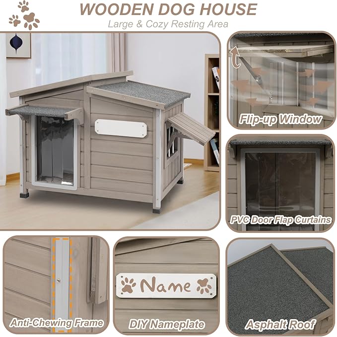43" L Outdoor Extra Large Dog House with Removable Floor, Raised Feet, Anti-Chewing Iron Frame – Wooden Kennel with Asphalt Roof, Window for Indoor/Outdoor Use, Ideal for Medium to Large Dogs-Mewly Pet