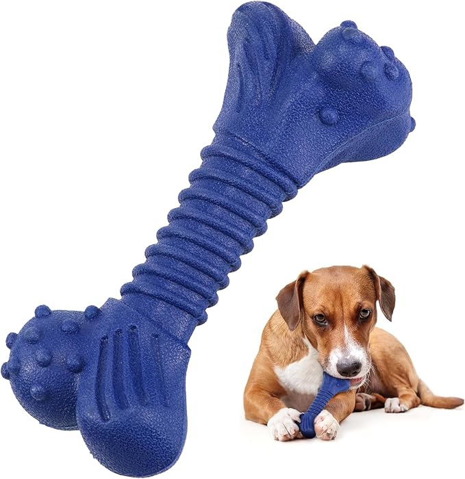 Dog Toys for Aggressive Chewers, Indestructible Chew Toys for Medium Large Dogs,Durable Rubber Dog Bones with Beef Flavor, Tough Dental Toy for Boredom Relief (Blue)-Mewly Pet