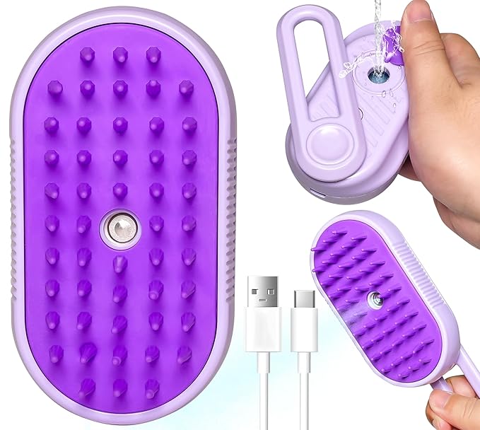 Spritz Defur Comb for Cats, New 3-in-1 Cat Steam Brush for Massaging and Cleaning Shedding Pets, Comb for Long and Short Hair Cats and Dogs Grooming Tool (Purple)-Mewly Pet