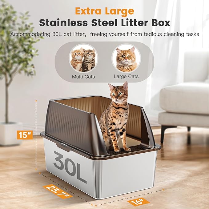 Tripamin 15” XL Stainless Steel Cat Litter Box Enclosure, XXL Stainless Steel High Sides with Lid, Extra Large Metal Cat Litter Box (Translucent Brown, XX-Large)-Mewly Pet
