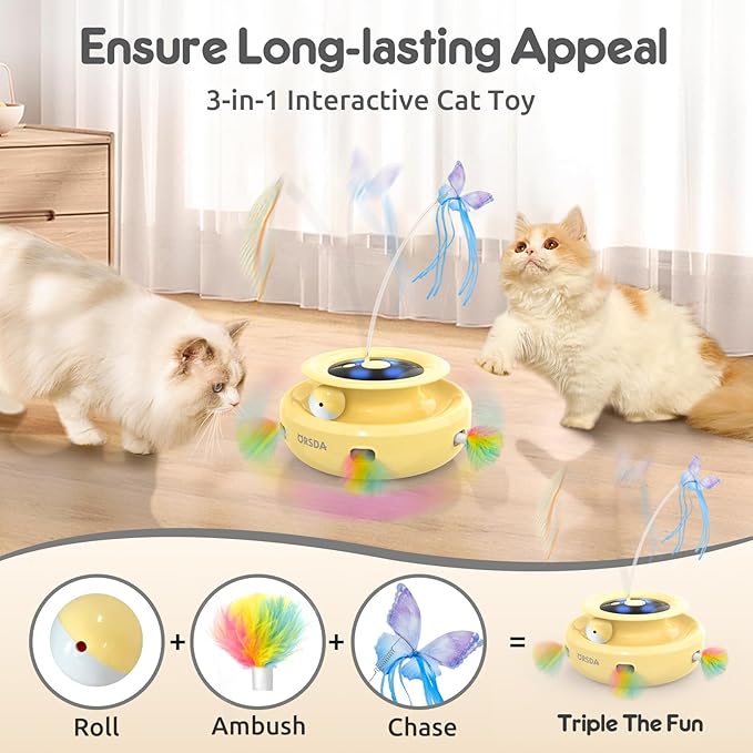 ORSDA Cat Toy, 3-in-1 Automatic Interactive Electronic Moving Ambush Feather, Fluttering Butterfly, Track Balls, USB Rechargeable Powered Smart Indoor Exercise Kicker-Mewly Pet