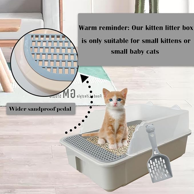 kathson Open Small Cat Litter Box with High Side,Anti-Splashing Kitten Litter Pan,Semi-Enclosed Removable Kitty Cat Toilet with Litter Sifting Scoop for Boxes Easy to Clean No Odor-Grey-Mewly Pet