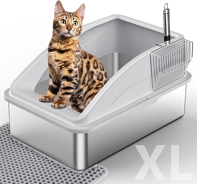 Stainless Steel Litter Box, Extra Large Litter Boxes for Big Cats, XL Metal Cat Litter Box with Lid, Anti-Urine Leakage, Non-Sticky, Include Cat Mat and Litter Scoop-Mewly Pet