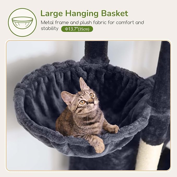 Globlazer Large Cat Tree Tower, Tall Cat Tree Condos for Indoor Cats Large Adult Cat Climbing Tower with 2 Spacious Caves, Oversized Top Perch, Big Hanging Basket, Cat Teaser Wand, F74B, Dark Grey-Mewly Pet