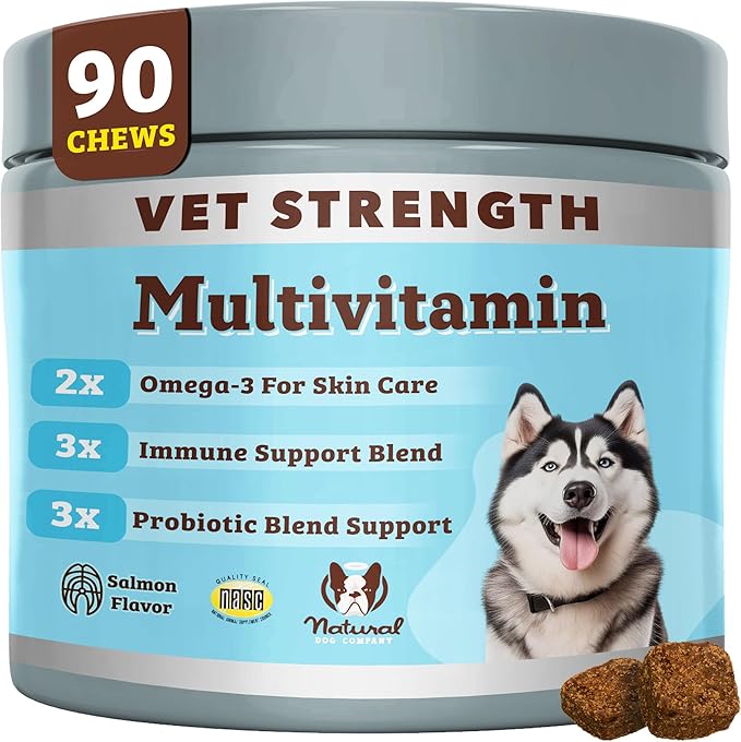 Natural Dog Company Vet Strength Multivitamin Chews for Dogs – Glucosamine, Omega-3 & Biotin for Dogs, Skin & Coat Health, Digestive Health, Immune Support Supplement, Advanced Formula, 90 cnt-Mewly Pet