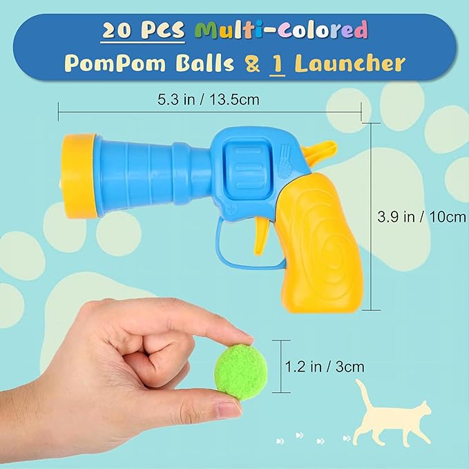 Low Noise Interactive Cat Ball Launcher Gun, 1 Noise-Reduced Launcher (New Upgraded), 20 Pcs Colorful Silent Plush Pom Pom Balls (1.2 inches), with 4 Pcs Cat Spring Toy-Mewly Pet