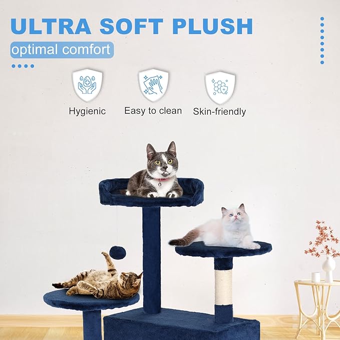 FDW Cat Tree 54in Cat Tower Multi-Level Durable Cat Scratching Post & Cozy Fun Cat Jumping Platform Space Saving Cat Condo Pet Play House for Indoor Cats,Navy Blue-Mewly Pet