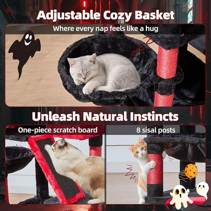 Taoqimiao Gothic Cat Tree 57.5-Inch, Cat Tower for Indoor Cats Large Adult, Extra Large Cat Condo, 8 Sisal Scratching Posts, Metal Frame Cozy Hammock, Durable Scratch Board, 2 Top Perches, MS026BR-Mewly Pet