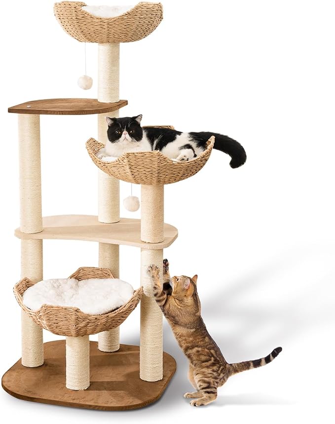 Big Modern Design Cat Tree Tower with White Cloud Mat, Unique Cat Supplies Tower with Scratching Post, Cute Wood Cat Tree Cat Furniture Activity Centre for Indoor Big Cats-Mewly Pet
