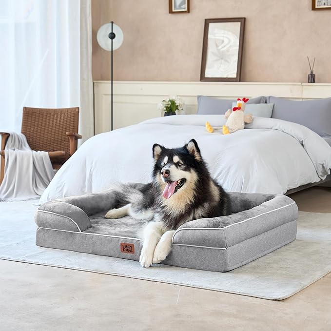EHEYCIGA Orthopedic Dog Beds for Extra Large Dogs 44x32Inch, Waterproof Memory Foam XL Pet Bed with Sides, Non-Slip and Egg-Crate Foam Big Dog Couch Bed with Washable Removable Cover, Grey-Mewly Pet
