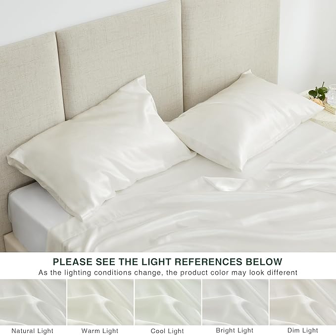 Love's cabin Full Size Satin Sheet Sets - 4 Piece Ivory Silky Sheet Set Full with Deep Pocket, Luxury Silk Feel Bed Sheets Full Bedding Set (1 Flat Sheet,1 Fitted Sheet,2 Pillow Cases)