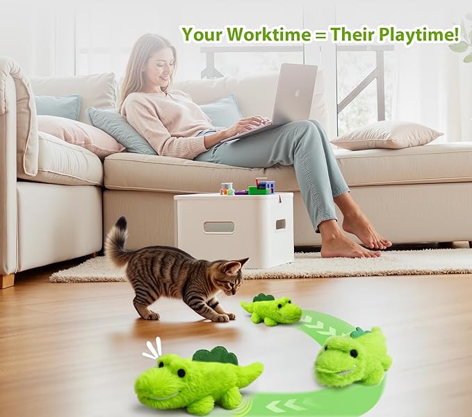 Interactive Cat Toys for Indoor Cats - Automatic Moving Cat Chase Toy for Bored Indoor Adult Cats - 360° Random Movement, Tail Wagging & Catnip Stimulation - Electric Croc(Long Plush)-Mewly Pet