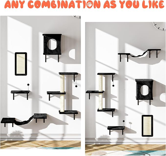 NUNU LAB Wall Mounted Cat Furniture, 5 Pcs Cat Wall Shelves with House, Bridge, Steps, Scratching Post, Shelves, Indoor Safe & Stable Furniture for Kittens Play, Black-Mewly Pet