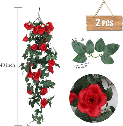 RECUTMS Hanging Flowers Artificial Plants 2PCS 3.3Ft Rose Vine Flower for Home Room Garden Wedding Indoor Outdoor Decoration (Red)