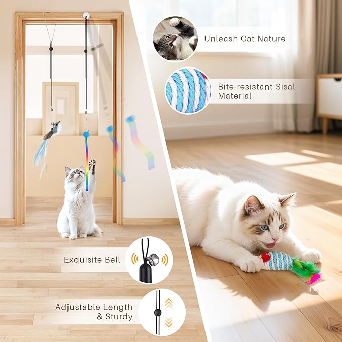 HONGDDY Interactive Bird Simulation Cat Toys，4 in 1 Cat Toys for Indoor Cats, 4 Replacement Birds，Hanging Door Kitten Wand with Suction Cup Removable Feathers Balls Mice Butterfly Streamers-Mewly Pet