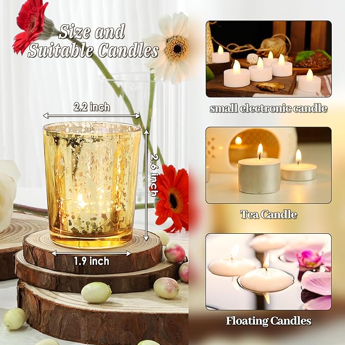 Gold Votive Candle Holders Set of 24, Speckled Mercury Candle Holders for Wedding Gold Centerpiece Table Decorations, Tealight Candle Holder for Party Bridal Shower Decor, Home Decor