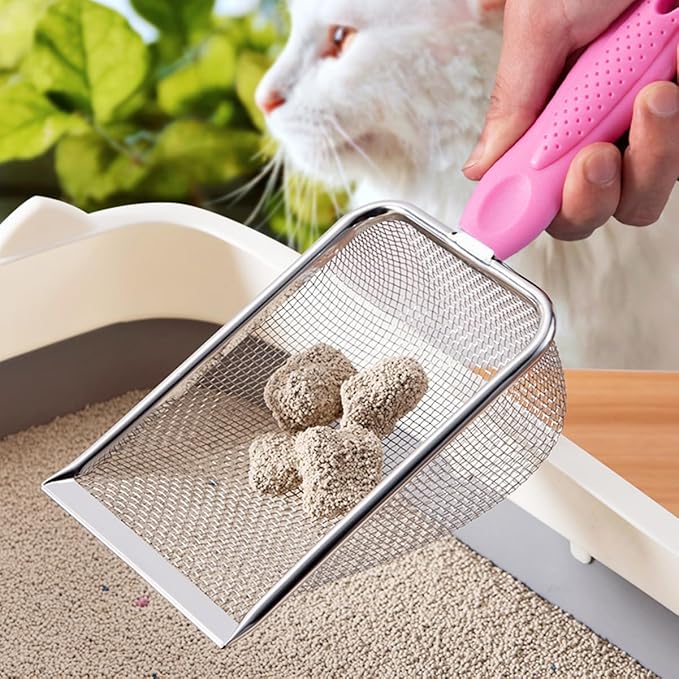 Cat Litter Scoop,Sturdy Litter Cleaner Corner Shovel,2Pcs Stainless Steel Mesh Litter Shovel,Easy to Clean Reptile Terrarium Sand Waste,Beach Shovel(2 Pcs Pink)-Mewly Pet