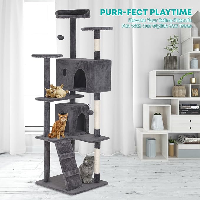 FDW Cat Tree 70in Cat Tower Multi-Level Durable Cat Scratching Post & Cozy Fun Cat Jumping Platform Space Saving Cat Condo Pet Play House for Indoor Cats,Light Gray-Mewly Pet
