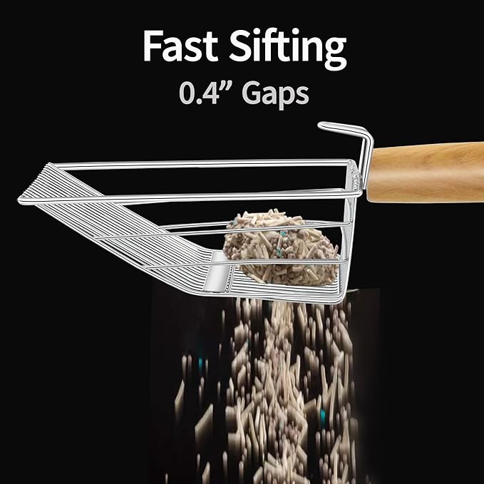 UFECODO Fast Sifting Cat Litter Scoop with Holder Stand, 2 Widths of Slots Stainless Steel Poop Scooper with Ergonomic Wood Handle, Heavy Duty and Easy Clean-Mewly Pet