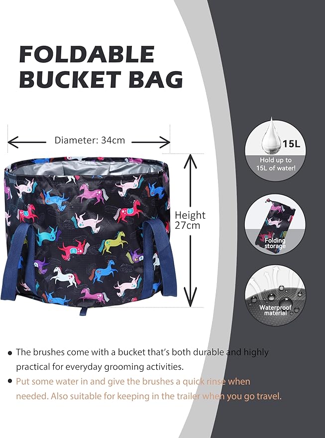 Harrison Howard Horse Grooming Kit 11-Piece Equine Care Series Horse Brush Sets with Organizer Tote Bag Tack Room Supplies Shedding Grooming Massaging Tools Black Brushstroke Ponies-Mewly Pet