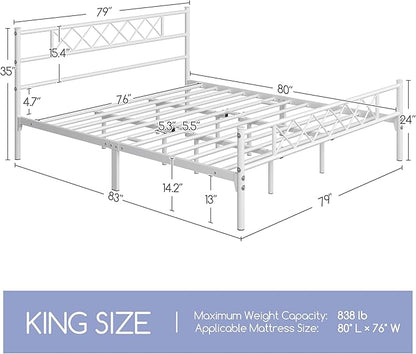 Yaheetech Metal Platform King Bed Frame Mattress Foundation with Headboard and Footboard No Box Spring Needed Under Bed Storage Steel Slats White