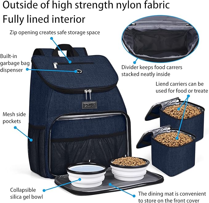 BAGLHER丨Dog Travel Bag, Airline Approved Pet Supplies Backpack, Dog Travel Backpack with 2 Silicone Collapsible Bowls and 2 Food Baskets-Mewly Pet