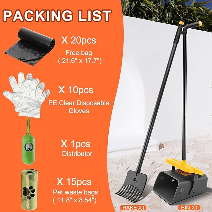 LANNEY Pooper Scooper - 46" Long Adjustable Handle Dog Pooper Scooper, Swivel Bin, Rake and 35 Waste Bag, Heavy Duty Poop Scooper for Large Medium Small Yard Dog Pet-Mewly Pet