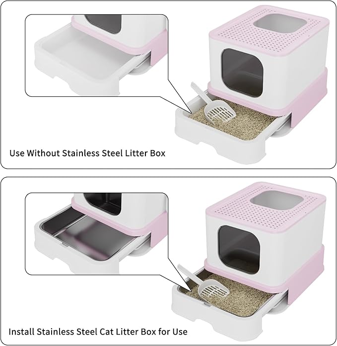RIZZARI Cat Litter Box, Foldable Cat Box with Drawer, Large Capacity Litter Box with Lid, Top Opening Litter Pan for Small to Big Cats (Pink-Stainless Steel Basin)-Mewly Pet