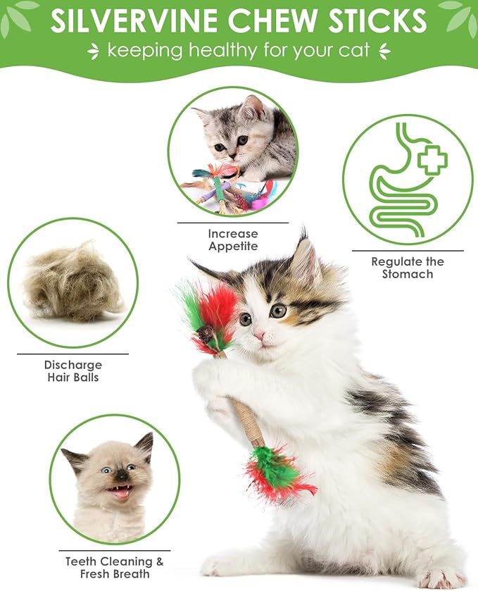 TINDTOP Cat Chew Toys, 12 Pack Silvervine Chew Sticks with 2 Pack Chew Ropes for Kittens Teeth Cleaning, Increase Appetite, Aggressive Chewers Cat Dental Toy-Mewly Pet