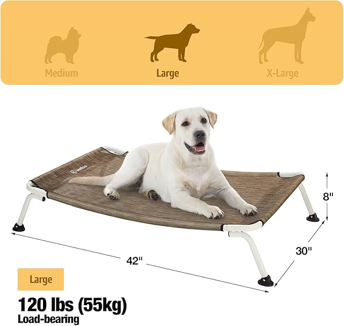 Veehoo Elevated Dog Bed for Outdoor, Cooling Waterproof Raised Dog Cots Beds for Large Dogs, Curved Off Ground Pet Hammock Cot Lifted for Outside, up to 85lbs, White Legs, Brown 42"-Mewly Pet