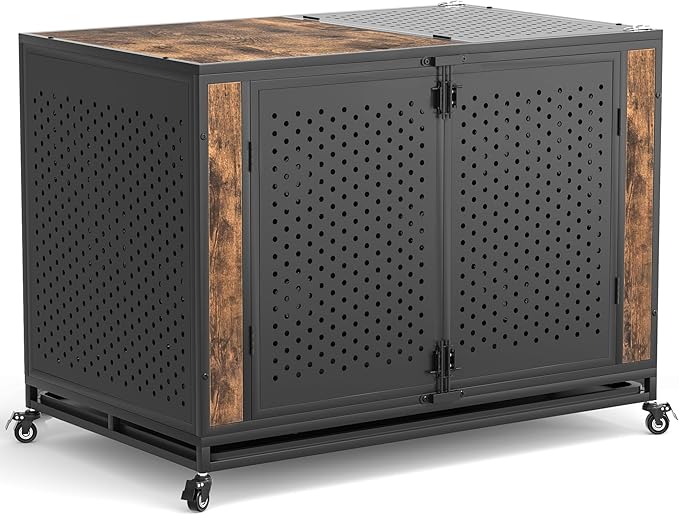 48" Heavy Duty Dog Crate Furniture for Extra Large Dogs, Enclosed Design with 0.5 inch Holes, Indestructible Metal Kennel for High Anxiety Dogs, Chew Proof Pet Cage House Indoor, Brown-Mewly Pet