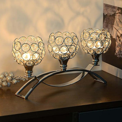 Crystal Tealight Candle Holder Centerpiece Home Decorative Candlestick Holder Elegant Table Centerpiece Home Decor Wedding Party Anniversary (Silver, 3 Arm of 4 Pcs)
