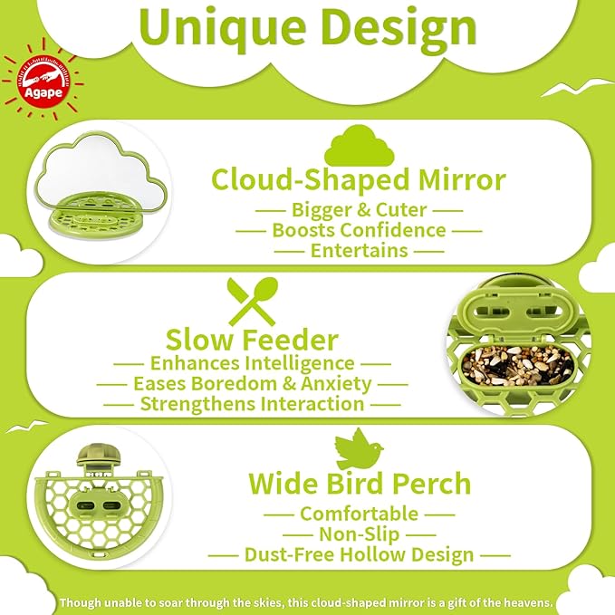 Agape Bird Mirror with Perch&Slow Feeder, Birds Toys for Boredom&Anxiety, Bird Cage Accessories for Parrots to Expend Energy, Interactive Toys for Parakeet, Cockatiel, Lovebird, Conure, Finch, Budgies-Mewly Pet