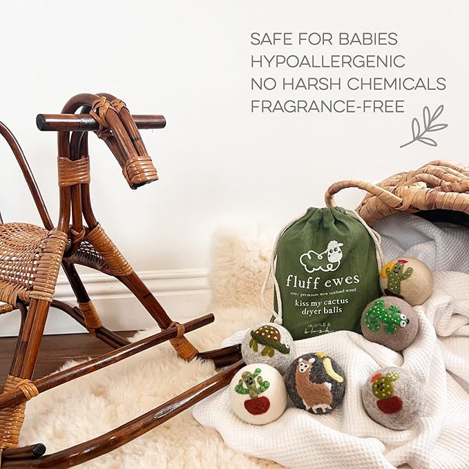 Fluff Ewes Wool Dryer Balls 6 Pack Premium New Zealand Wool Laundry Balls for Dryer, No Static Dryer Balls Laundry Reusable, XL Wool Dryer Balls Cute, Baby Dryer Balls for Dryers - Kiss My Cactus-Mewly Pet