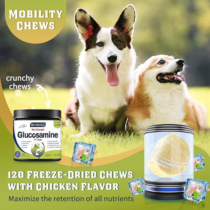 Glucosamine for Dogs, Hip and Joint Supplement for Dogs with Chicken Flavor, Anti Inflammatory, Dog's Chondroitin, Digestive Enzymes, Omega-3, Vitamin D, MSM, Calcium, Turmeric, 120 Freeze-Dried Chews-Mewly Pet