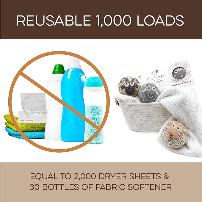 Fluff Ewes Wool Dryer Balls 3 Pack Premium New Zealand Wool Laundry Balls for Dryer, No Static Dryer Balls Laundry Reusable Cute - XL Wool Dryer Balls Cute, Baby Dryer Balls for Dryers - Lights-Mewly Pet