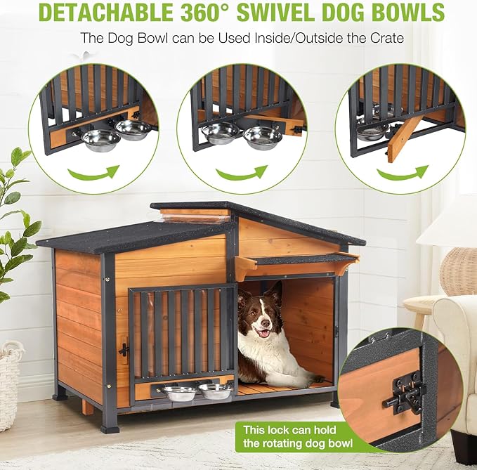 Heated Dog House Outdoor with Bowls Weatherproof Dog Kennel with Heating Pad Anti-Chewing Iron Frame Dog Shelter for Small Medium Dogs(Wooden Brown)-Mewly Pet