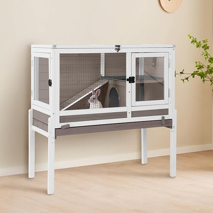 GUTINNEEN Guinea Pig Cage Rabbit Cage Indoor with Chew-Proof Edges, Clean Deep Tray, Leakproof PVC Layer, Small Animals Cage with Adjustable Legs - Brown-Mewly Pet