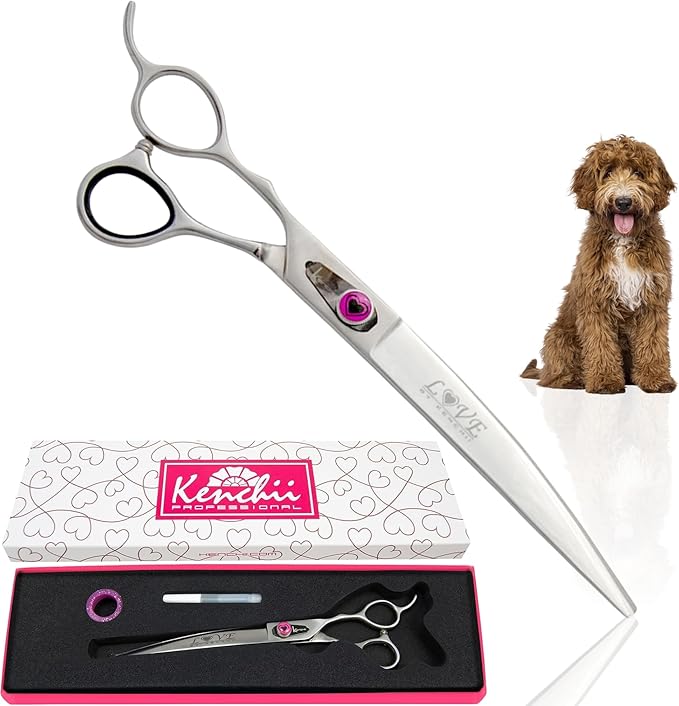 Kenchii Love Dog Grooming Scissors, 8 Inch Curved Shears, Dog Scissors for Grooming, Professional Pet Grooming Scissors-Mewly Pet