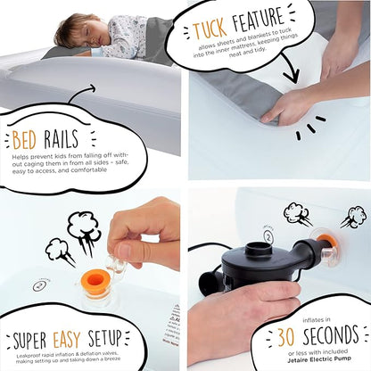 The Shrunks Toddler Travel Bed Portable Inflatable Air Mattress Blow Up Bed for Indoor/Outdoor Camping, Backyard, Hotel, or Home Use Kids/Toddler Floor Bed with Side Bed Rails and Electric Pump Grey
